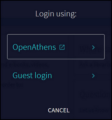 A pop up window that states, Login using:, and then gives three options to choose from, OpenAthens, Guest login, or Cancel