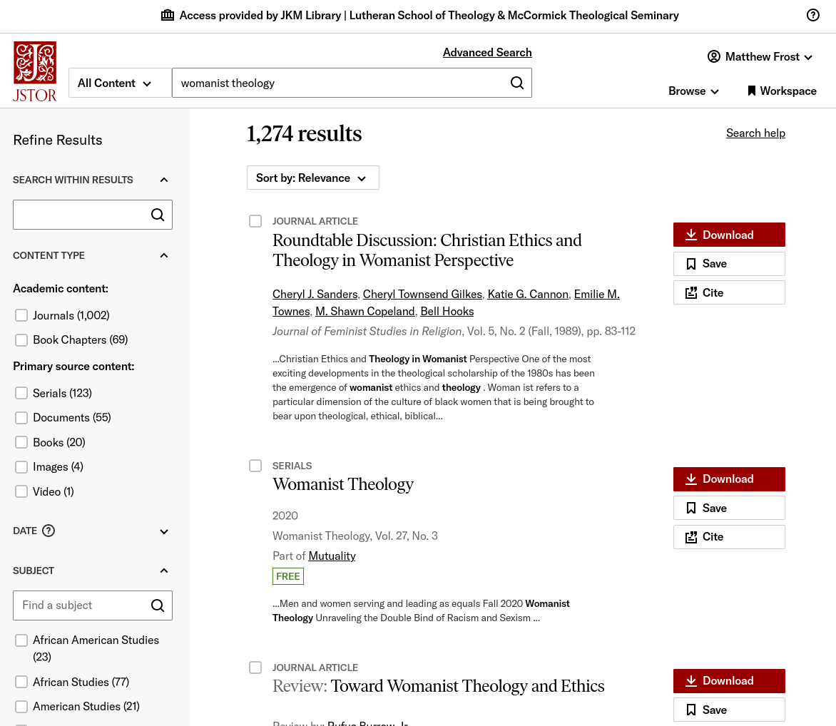 JSTOR web search for "womanist theology" with results list