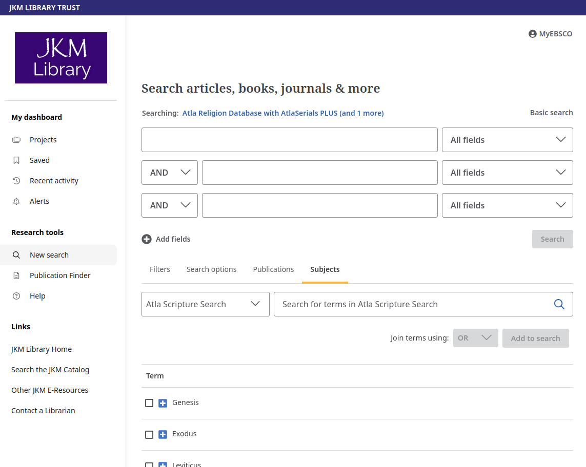 An EBSCO Advanced Search with Atla Scripture Search selected