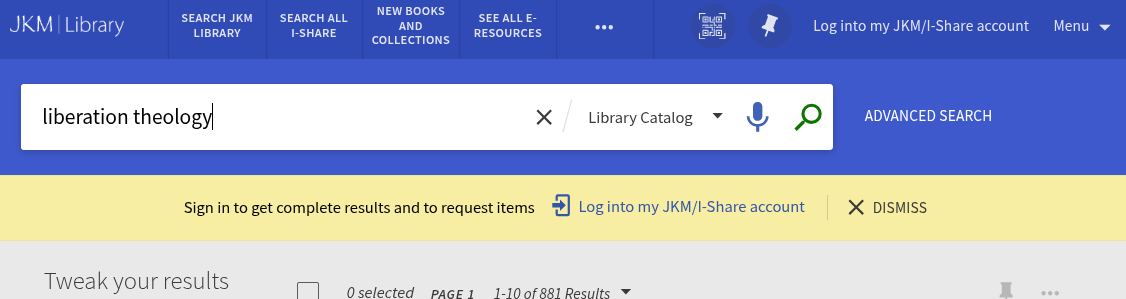 An example JKM Primo search with the yellow warning bar directing you to sign in to your account for more information and to request books