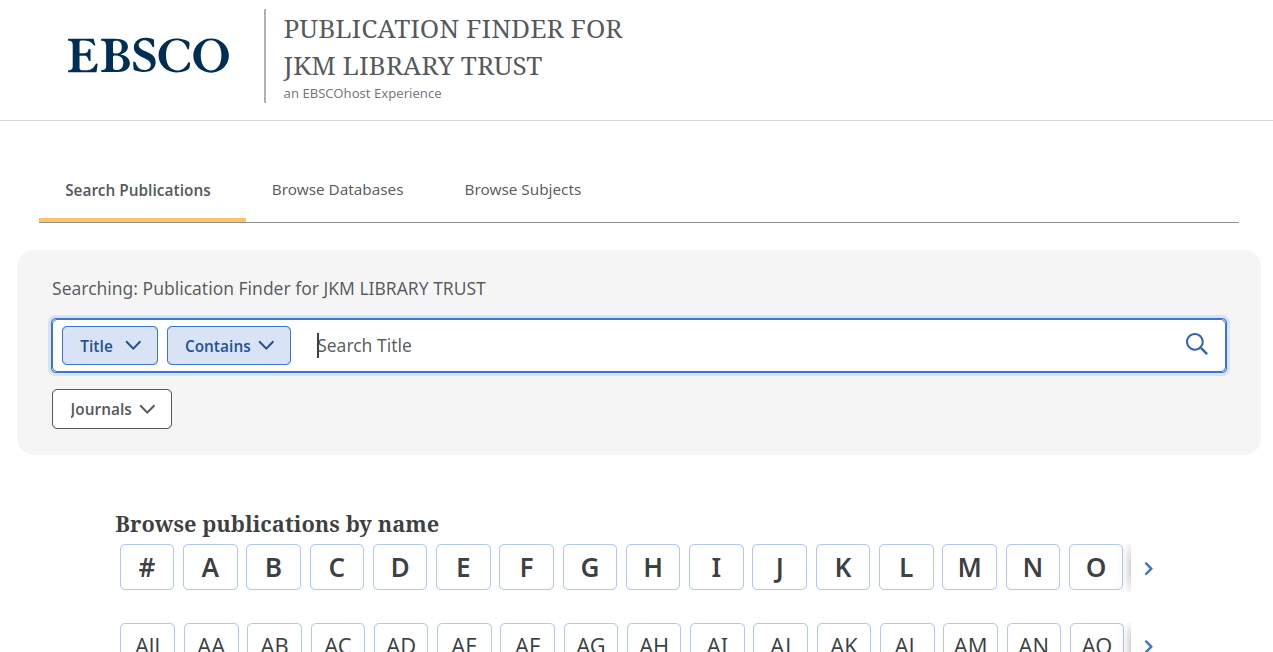 The EBSCO Publication Finder interface for JKM Library subscriptions