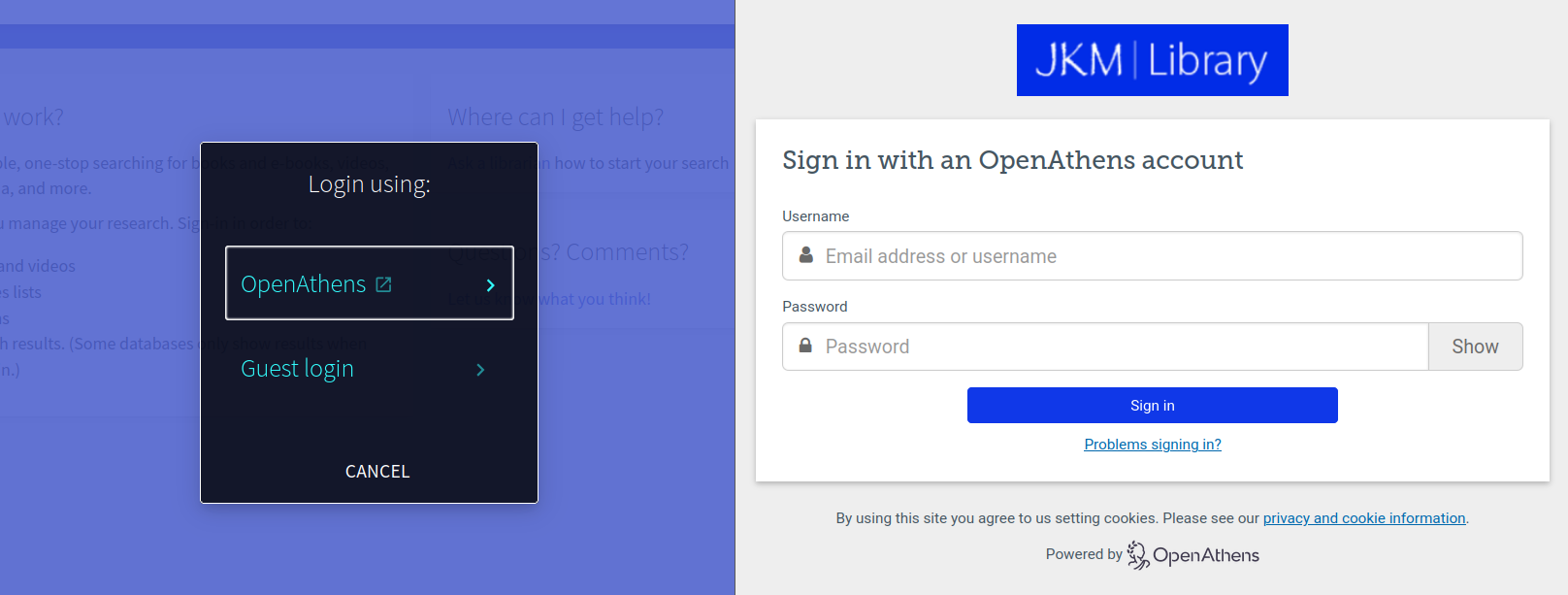 2 screens, one of the JKM Library catalog login prompt, and the next of the JKM Library OpenAthens login screen