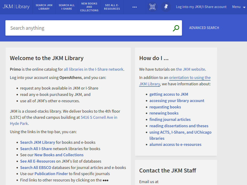 The default screen for JKM Library's catalog in Primo