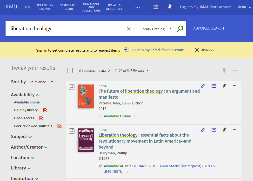 A sample search in Primo showing an available e-book and an available physical book