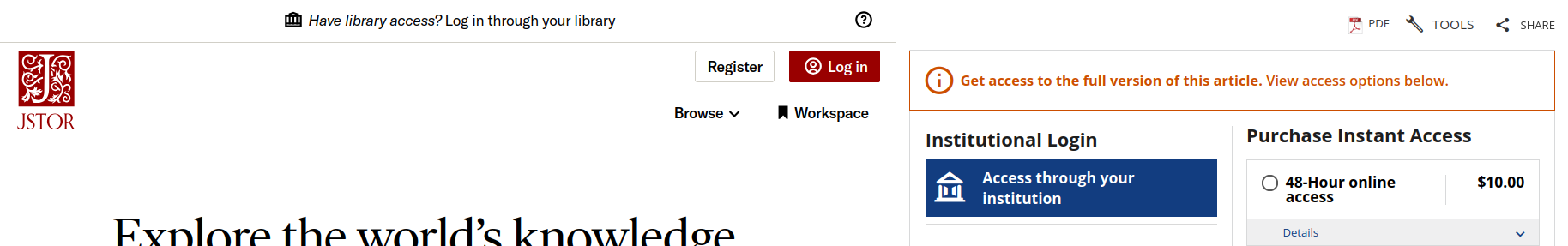 Sample institutional login links (JSTOR, Wiley)