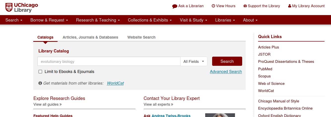 The University of Chicago Libraries home page